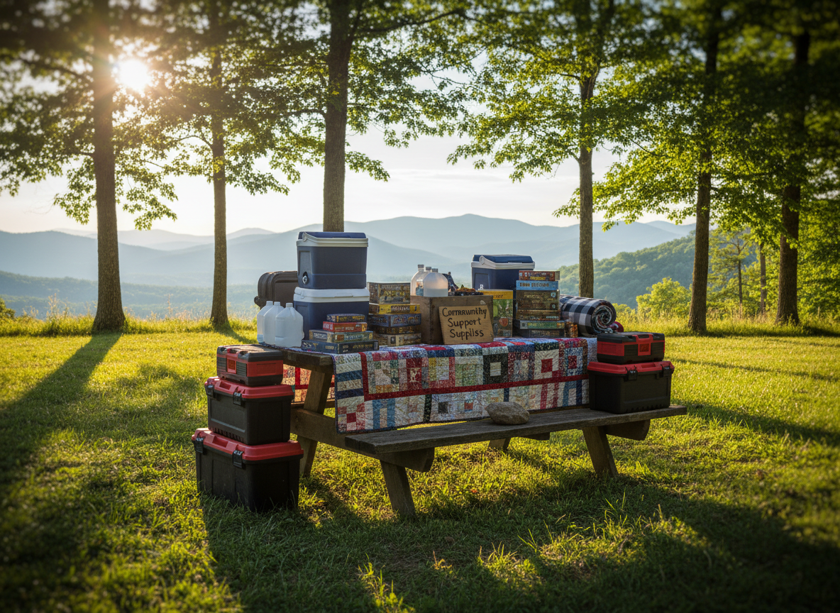 A sturdy wooden picnic table covered with a colorful patchwork quilt, surrounded by neatly stacked toolboxes, blankets, and board games, all arranged in a grassy park clearing in the mountains of western North Carolina. Behind the table sit coolers, water jugs, and a small handwritten sign reading “Community Support Supplies” propped against a crate. Late afternoon golden hour sunlight filters through tall trees, casting playful dappled shadows across the scene. Photographic realism at eye level with a gentle vignette, shallow depth of field softly blurring the distant blue ridges, creating an inviting, hopeful mood that reflects a nonprofit ready to respond when neighbors are in need.