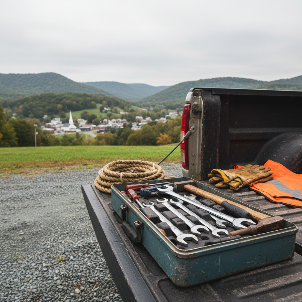 A weathered metal toolbox, its blue paint chipped at the edges, sits open on the tailgate of a well-used pickup truck, revealing neatly organized hand tools, rope, work gloves, and a folded high-visibility safety vest. The truck is parked on a gravel drive overlooking rolling Appalachian hills, with a small town’s rooftops just visible in the valley below. Overcast, diffused light creates soft, even illumination with subtle reflections on the metal surfaces. Shot from a slightly low angle in photographic realism, the composition uses rule of thirds, with the toolbox in sharp focus and the landscape gently blurred, evoking readiness, reliability, and quiet service to the community.